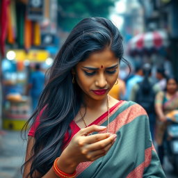 A sad Indian woman, wearing a traditional saree, is standing on a bustling urban street
