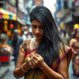 A sad Indian woman, wearing a traditional saree, is standing on a bustling urban street