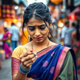 A sad Indian woman, appearing in her early twenties, stands on a lively street, her traditional attire reflecting vibrant colors