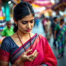 A sad Indian woman, appearing in her early twenties, stands on a lively street, her traditional attire reflecting vibrant colors