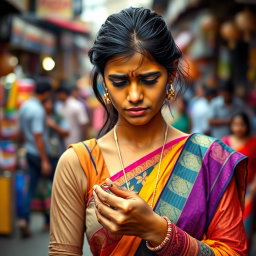 A sad Indian woman, appearing in her early twenties, stands on a lively street, her traditional attire reflecting vibrant colors