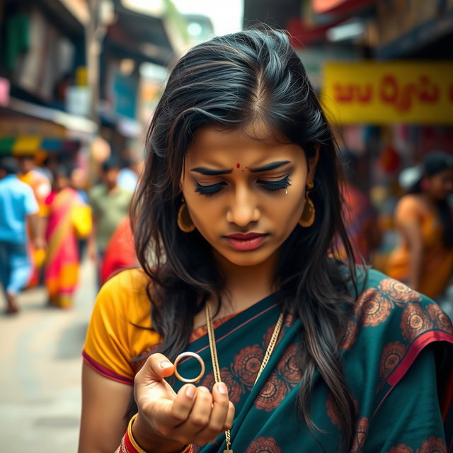 A sad Indian woman, appearing in her early twenties, stands on a lively street, her traditional attire reflecting vibrant colors