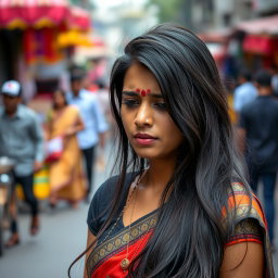 A young Indian woman in her twenties stands on a busy street, overwhelmed by sadness