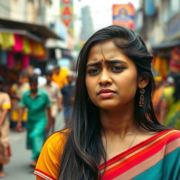 A young Indian woman in her twenties stands on a busy street, overwhelmed by sadness