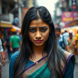 A young Indian woman in her twenties stands on a busy street, overwhelmed by sadness