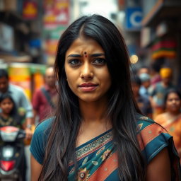 A young Indian woman in her twenties stands on a busy street, overwhelmed by sadness