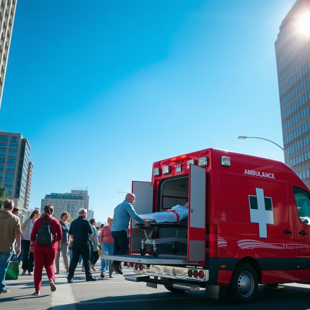 A bright red ambulance parked on a busy urban street, with paramedics loading a stretcher into the back