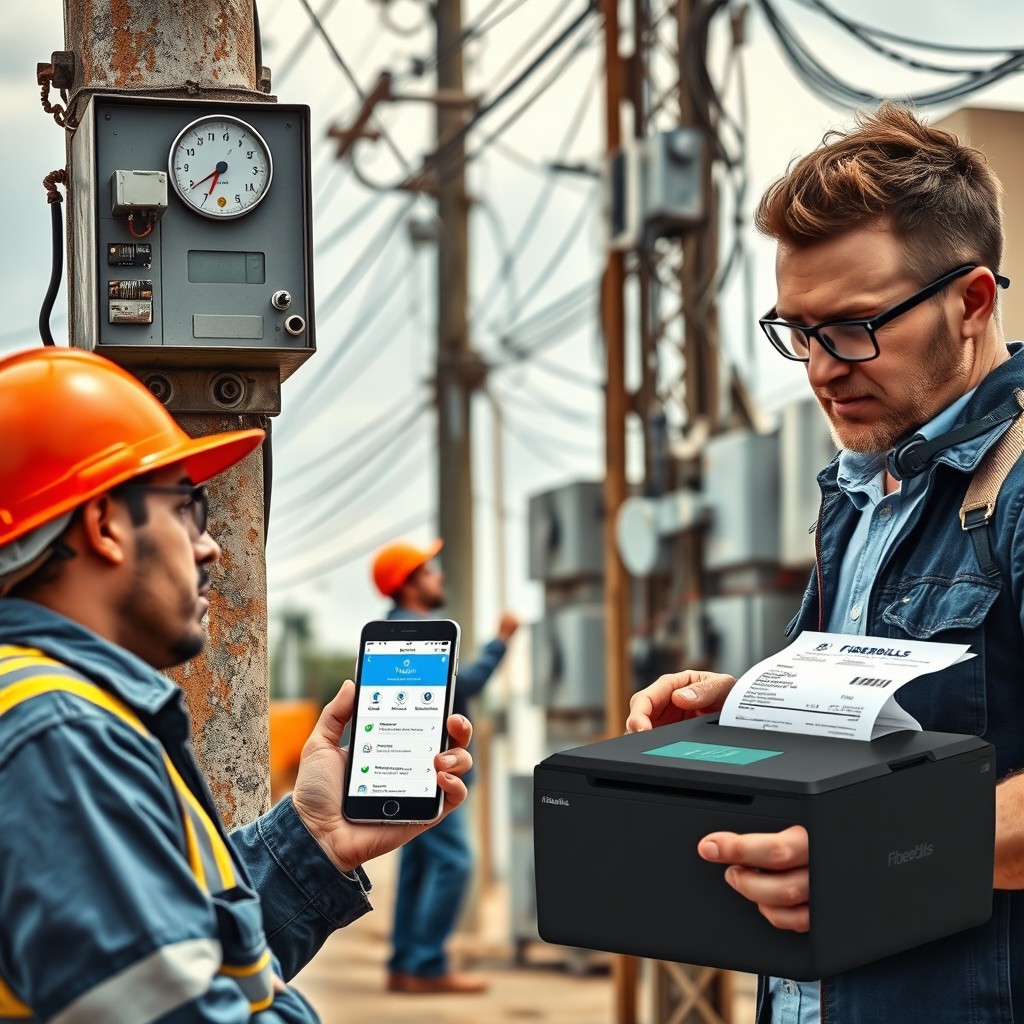 A dynamic scene depicting a bustling electricity generator business