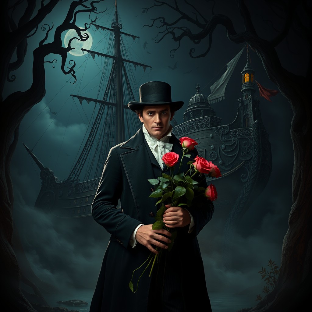 Gustave from Clair Obscur: Expedition 33, a tall, mysterious figure dressed in Victorian-era attire, holding a bouquet of vibrant roses in front of the majestic Malarka, an intricately designed, fantastical ship that seems to blend into the dark, fairytale-themed surroundings