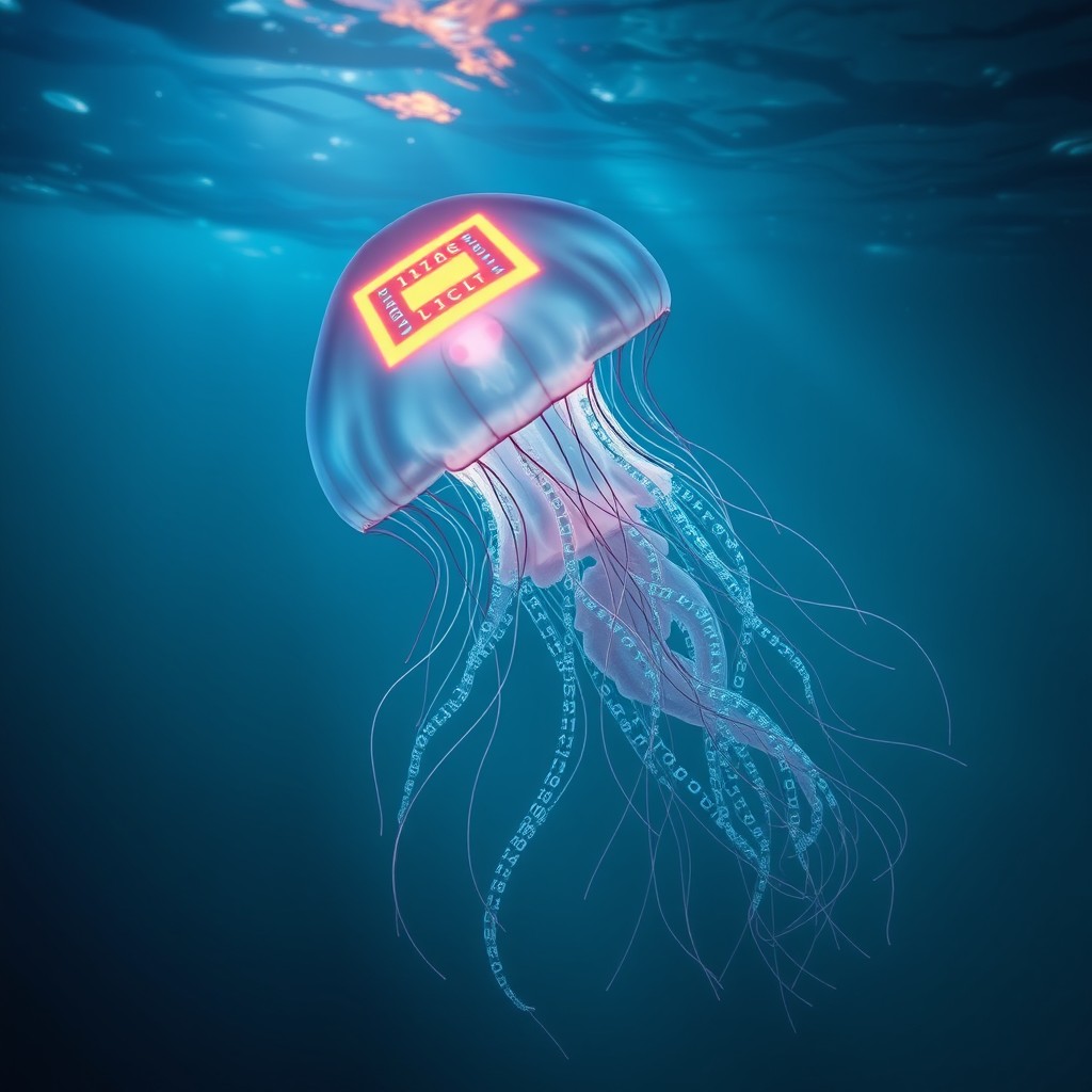A stunning and ethereal jellyfish gliding gracefully through the water, its semi-transparent body illuminated with bioluminescent colors