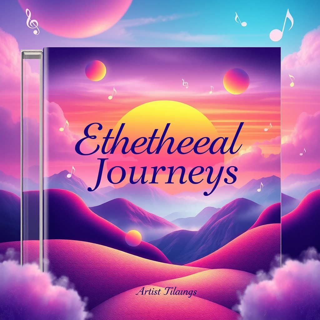 A vibrant and artistic CD cover design featuring a surreal landscape with a colorful sunset, abstract shapes, and a dreamy atmosphere
