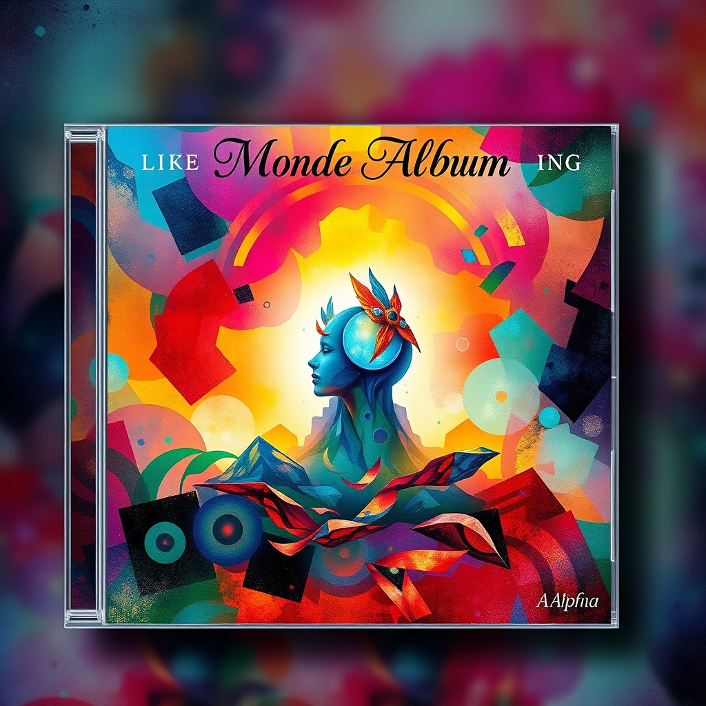 A vibrant and artistic CD cover design featuring a dynamic blend of colors and abstract shapes