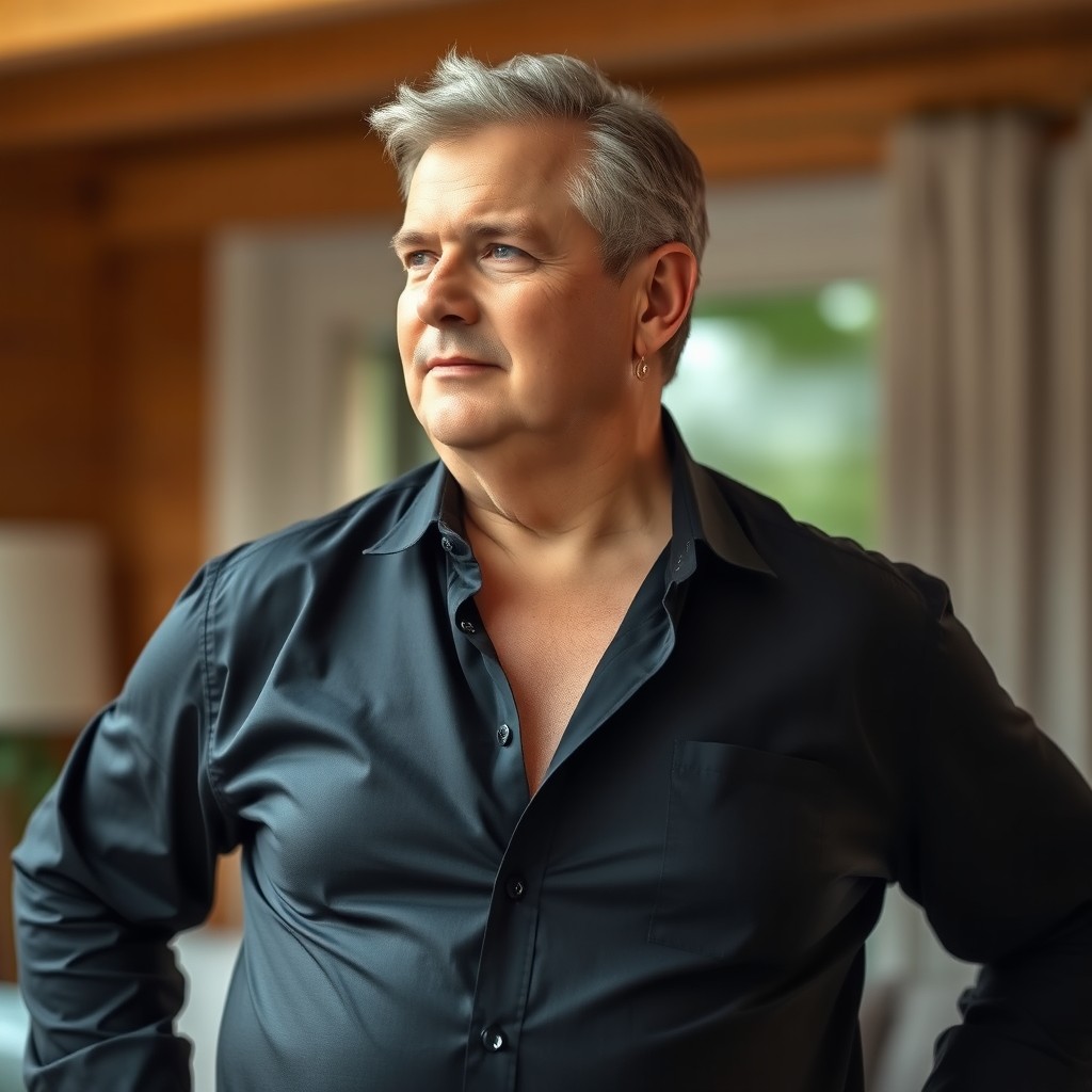 A 55-year-old man with a slightly protruding belly, wearing a fitted black shirt that highlights his prominent chest hair