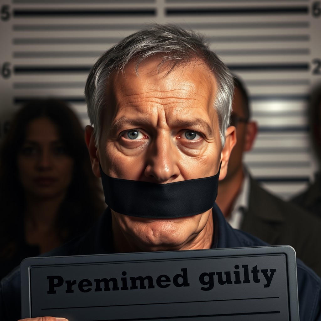 A close-up portrait of a middle-aged white man in a police line-up setting, faced forward, with his mouth gagged using a black strip
