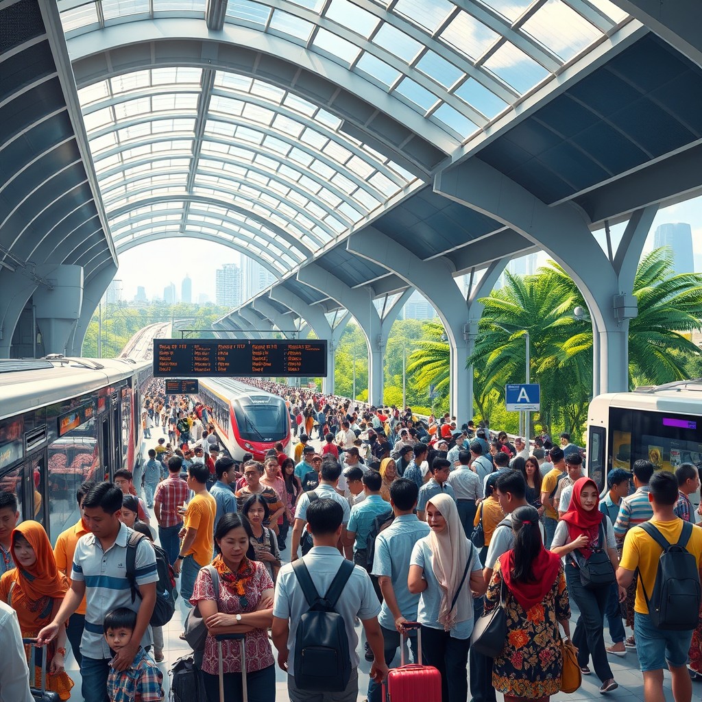 A detailed and vibrant scene showcasing the bustling atmosphere of Johor Bahru's RTS (Rapid Transit System) station, featuring modern trains and diverse crowds of commuters and travelers
