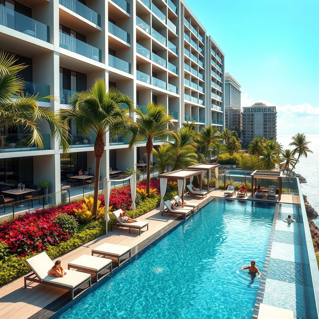 A luxurious and contemporary view of a new condominium in Johor Sentosa, showcasing modern architecture with sleek lines and large glass windows