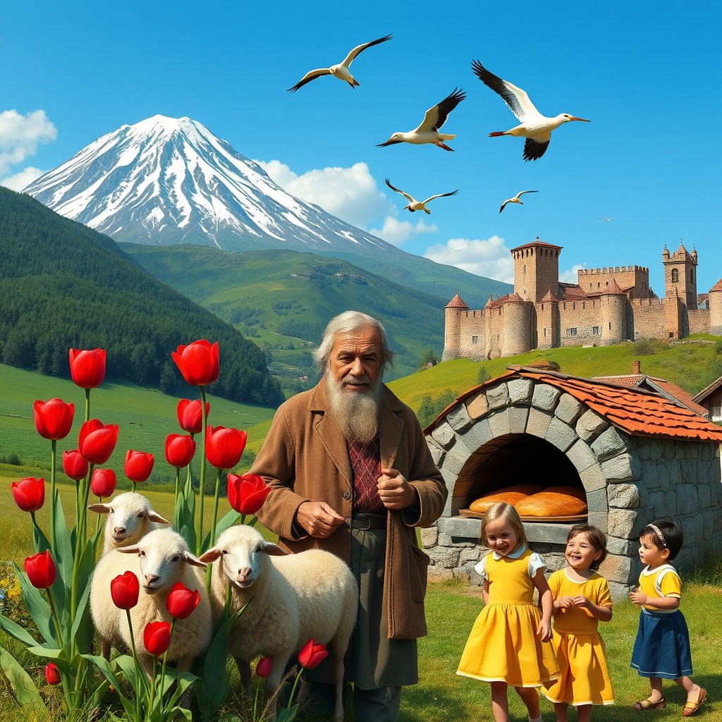 A picturesque scene at the foothills of the snow-capped Mount Suphan, showcasing the lush green Muş Plain