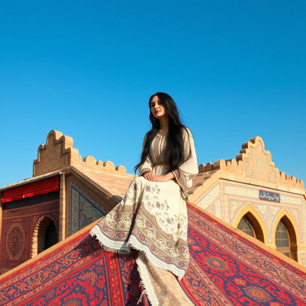 A miniature image of a beautiful Persian girl with long black hair, wearing a traditional Persian dress, sitting gracefully on the roof of an old Persian building adorned with intricate tile work
