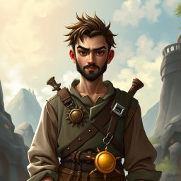 A Dungeons & Dragons character named Filborg, featuring human skin tone, a clean-shaven face, and a gentle, non-brutal appearance