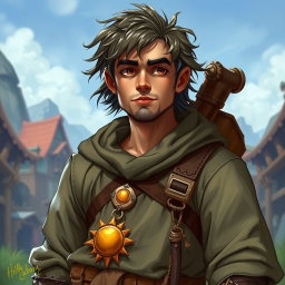 A Dungeons & Dragons character named Filborg, featuring human skin tone, a clean-shaven face, and a gentle, non-brutal appearance