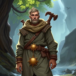 A Dungeons & Dragons character named Filborg, featuring human skin tone, a clean-shaven face, and a gentle, non-brutal appearance