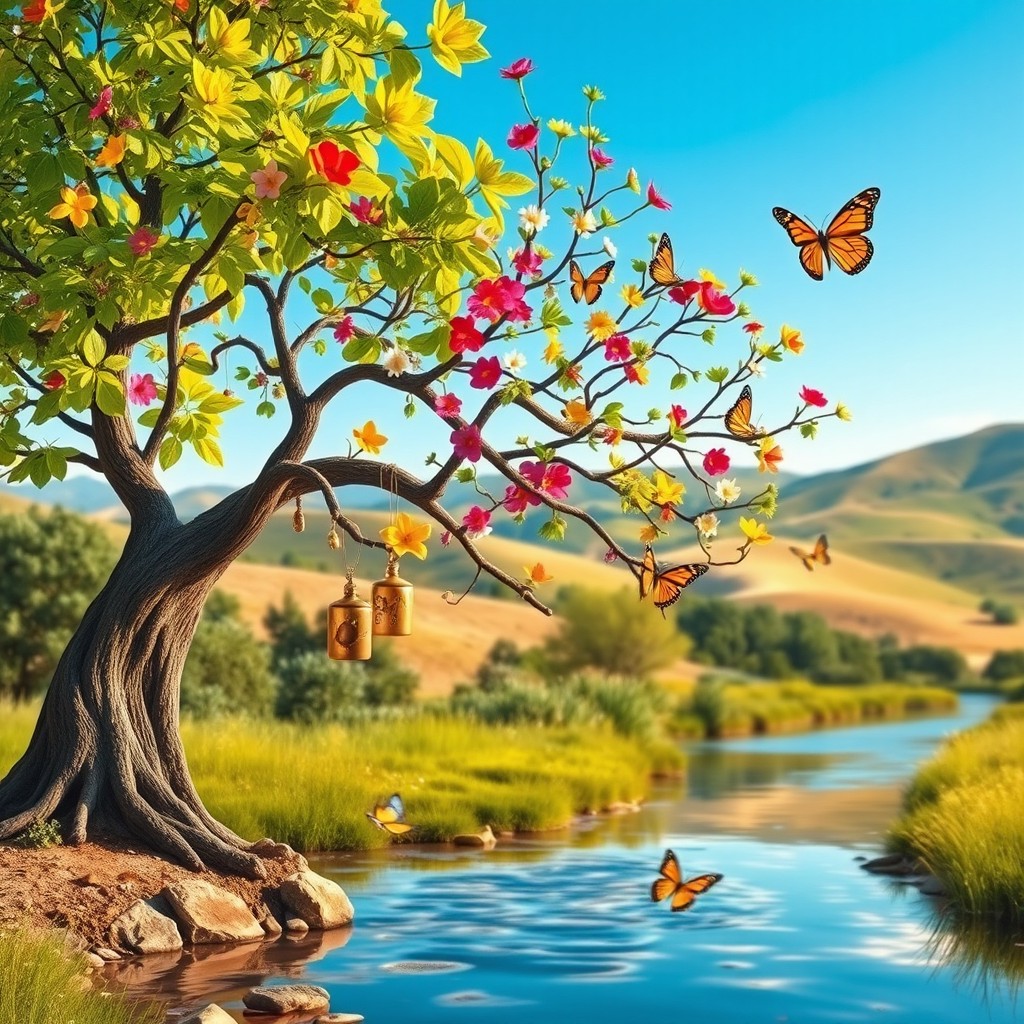 A lush, vibrant tree symbolizing cherished memories, surrounded by a stunning natural landscape