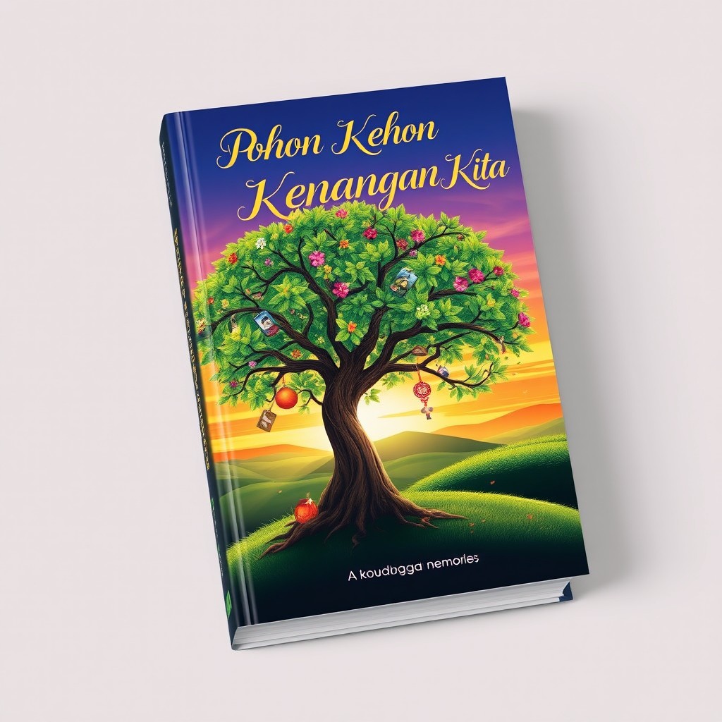 A captivating book cover design for 'Pohon Kenangan Kita', featuring an enchanting tree that symbolizes cherished memories