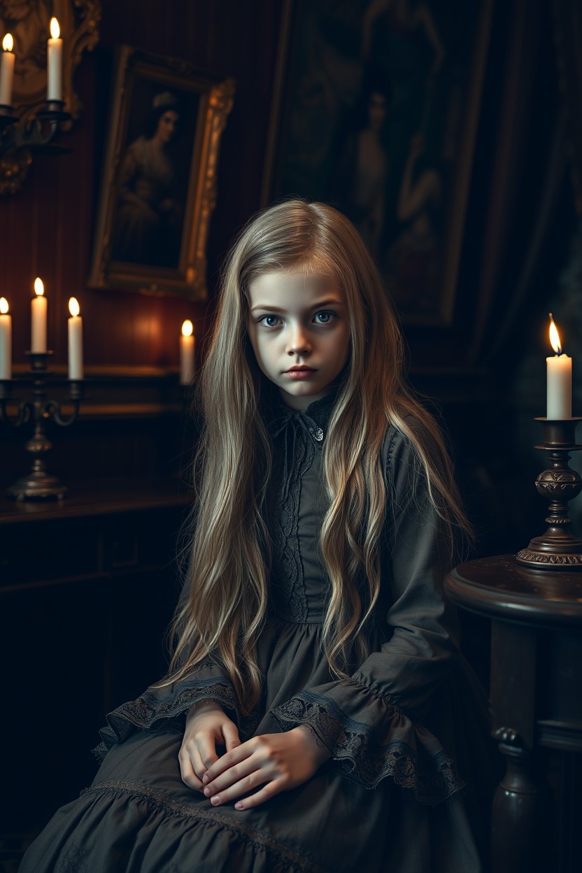 A young girl with long, flowing blonde hair and striking dark eyes, sitting in a Gothic-style room