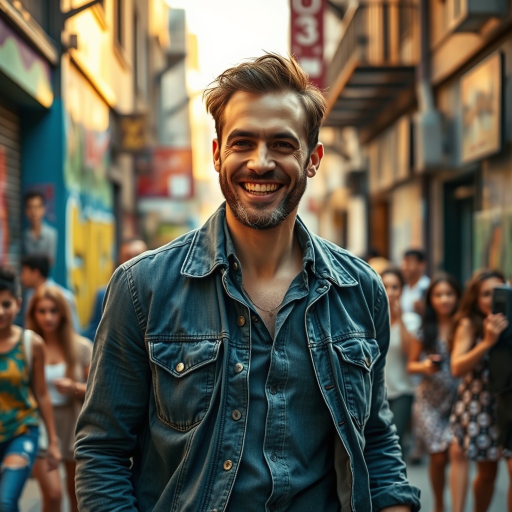 A portrait of a charismatic man moving through a vibrant urban landscape, embodying a 'quiet storm'