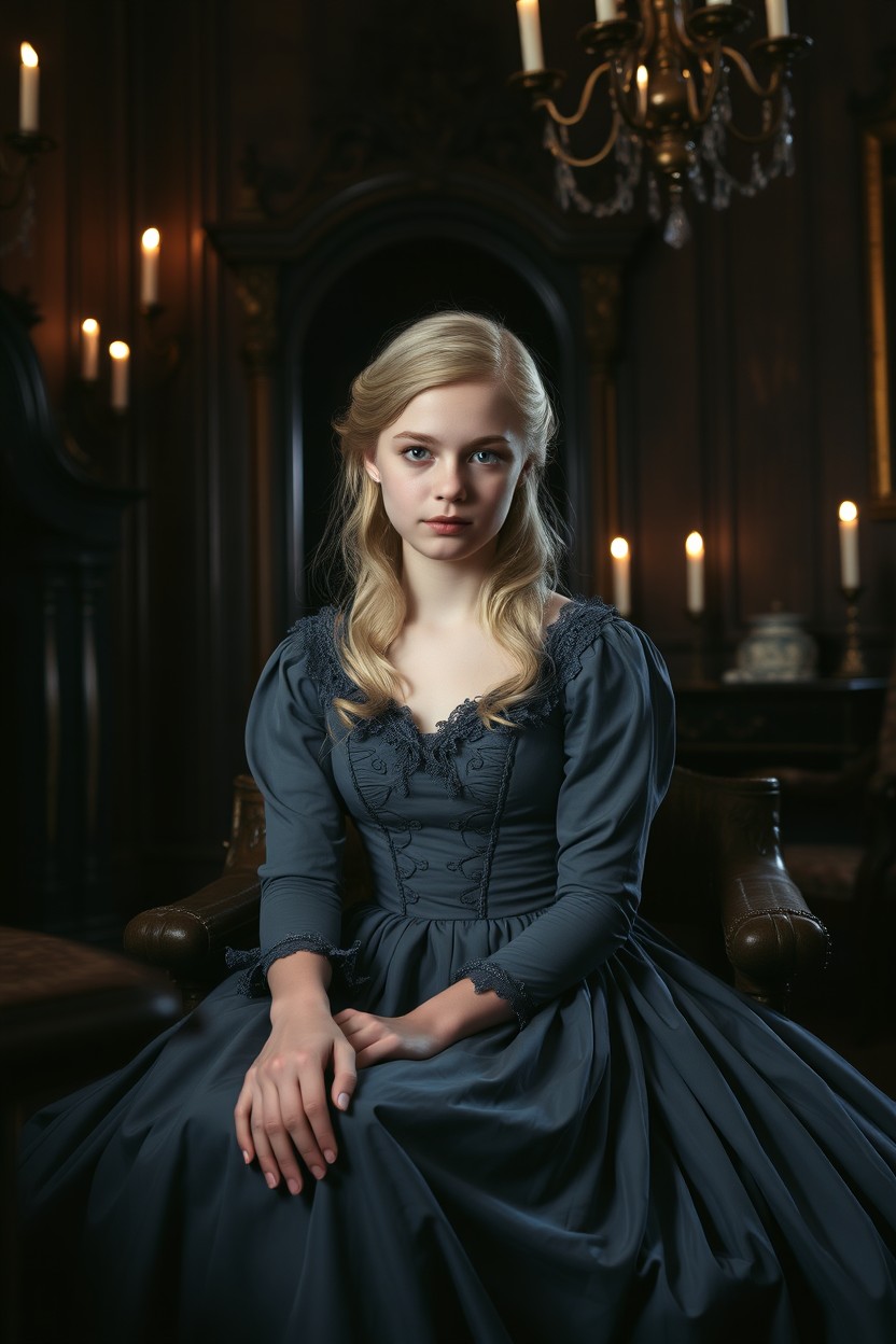 An 18-year-old blonde girl with hair styled elegantly and striking dark eyes, sitting in a room designed in Gothic style, featuring ornate details and dim lighting