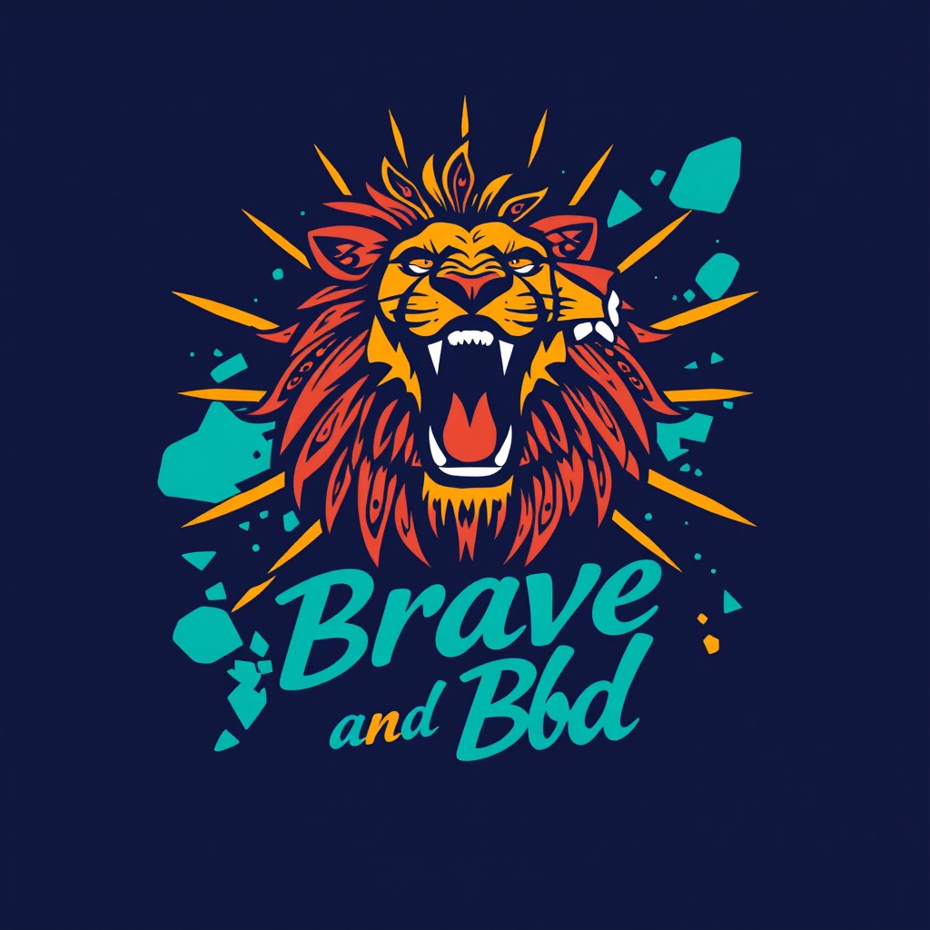 A vibrant and eye-catching T-shirt design featuring a stylized, colorful graphic of a roaring lion with intricate tribal patterns integrating the mane