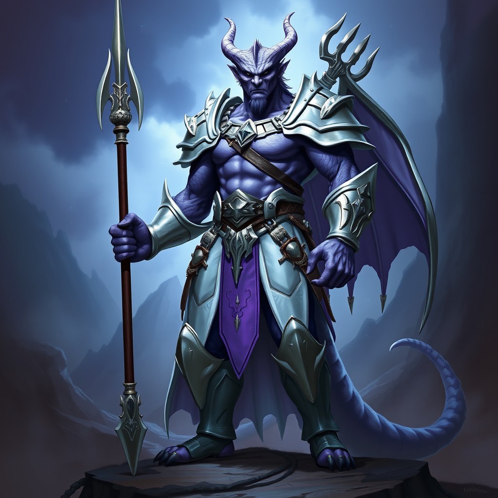 A tall, intimidating purple dragonborn paladin standing proudly in shining white armor, exuding confidence and strength