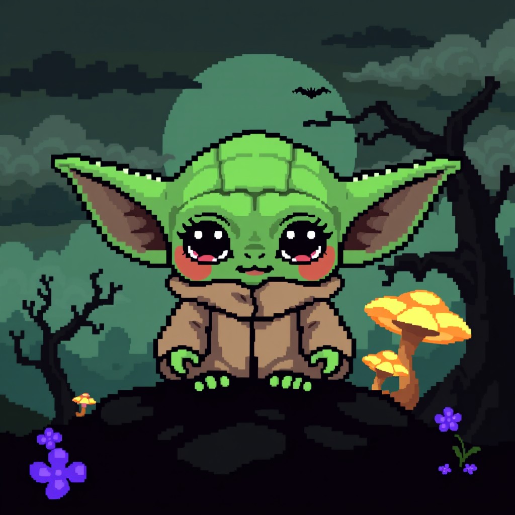 A simple yet charming pixel art depiction of Baby Yoda, created in a delightful and cute style