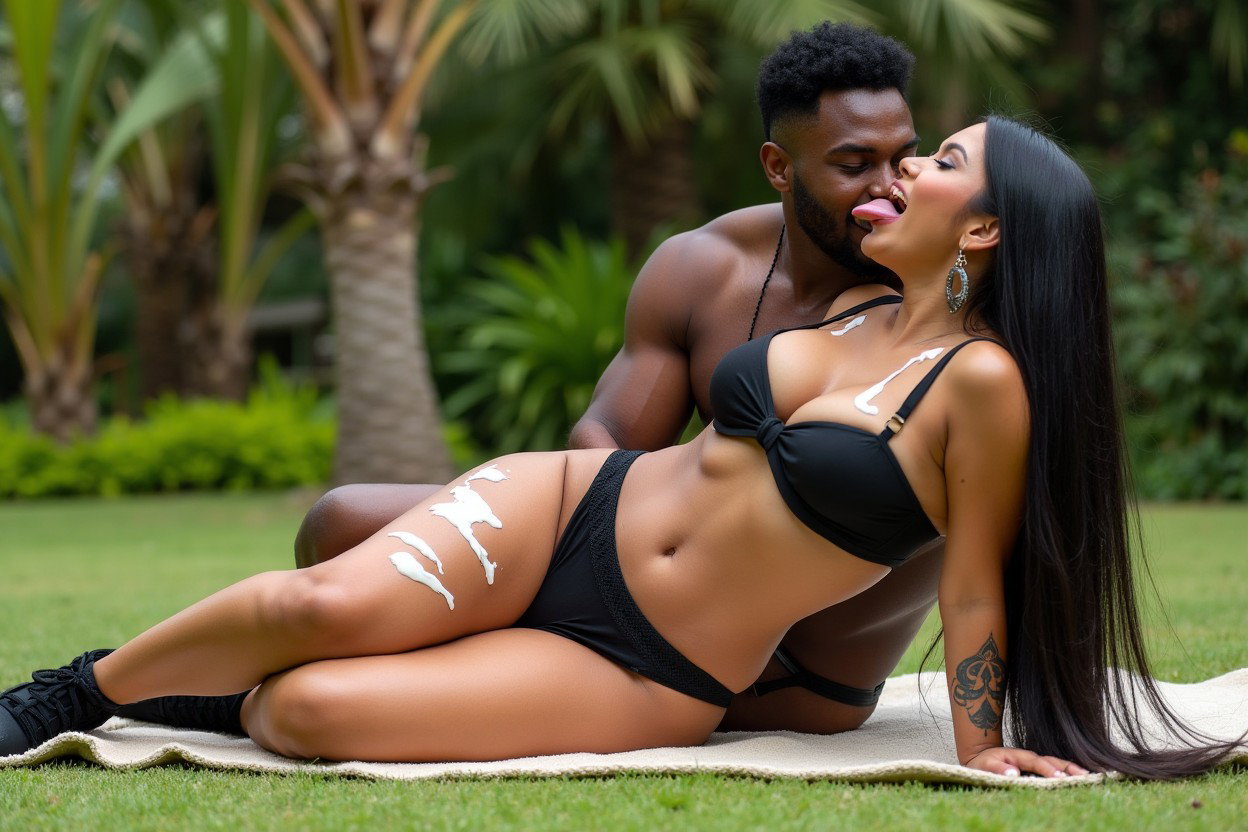 A curvy Mexican woman with clear skin, long straight black hair, and a medium build is lying in a spacious garden