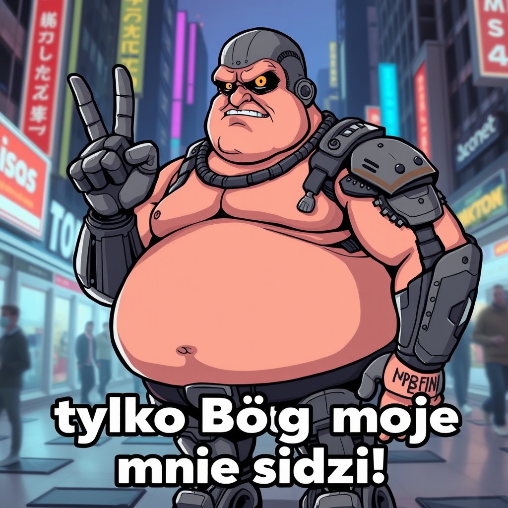 A comical, cartoon-style image of a fat, muscular cyborg resembling a 'Terminator' character, visibly showing a middle finger