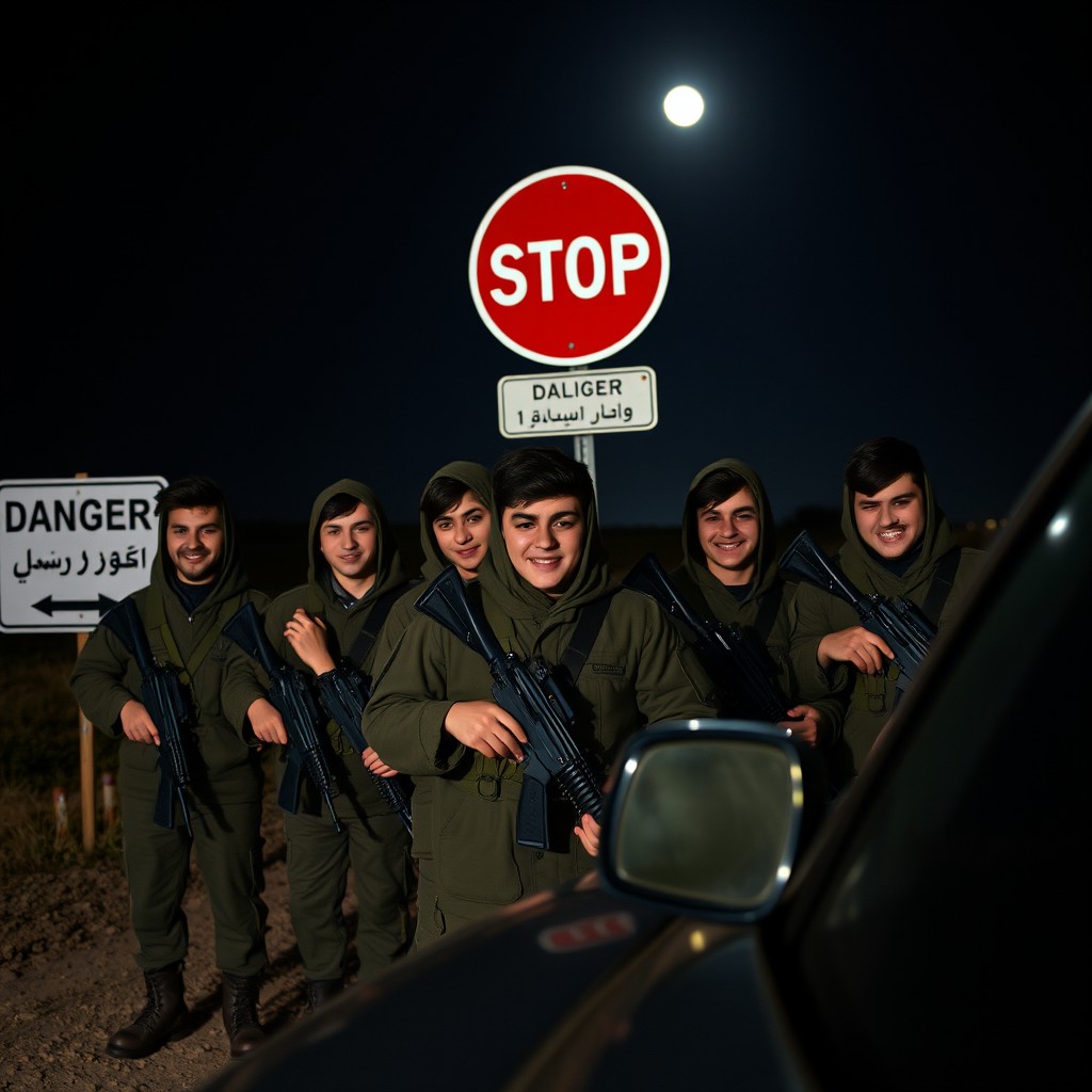 A group of several Iranian young Basij youth smiling and looking slightly tired, standing on the roadside at night