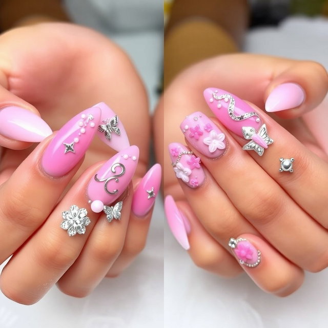 A beautifully designed and colorful nail art set featuring pastel shades of pink, specifically baby pink and candyfloss colors