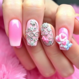 A beautifully designed and colorful nail art set featuring pastel shades of pink, specifically baby pink and candyfloss colors