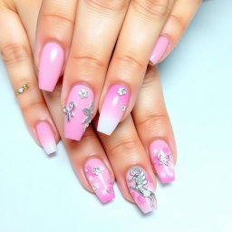 A beautifully designed and colorful nail art set featuring pastel shades of pink, specifically baby pink and candyfloss colors
