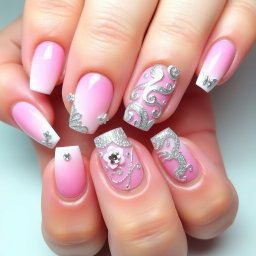 A beautifully designed and colorful nail art set featuring pastel shades of pink, specifically baby pink and candyfloss colors