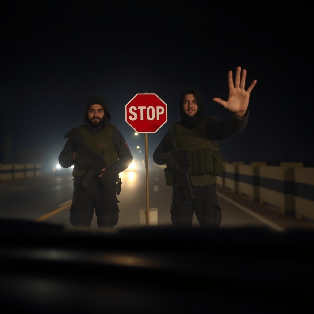 A scene captured from a distance of 10 meters, featuring two Iranian young Basij youth on a dark night road
