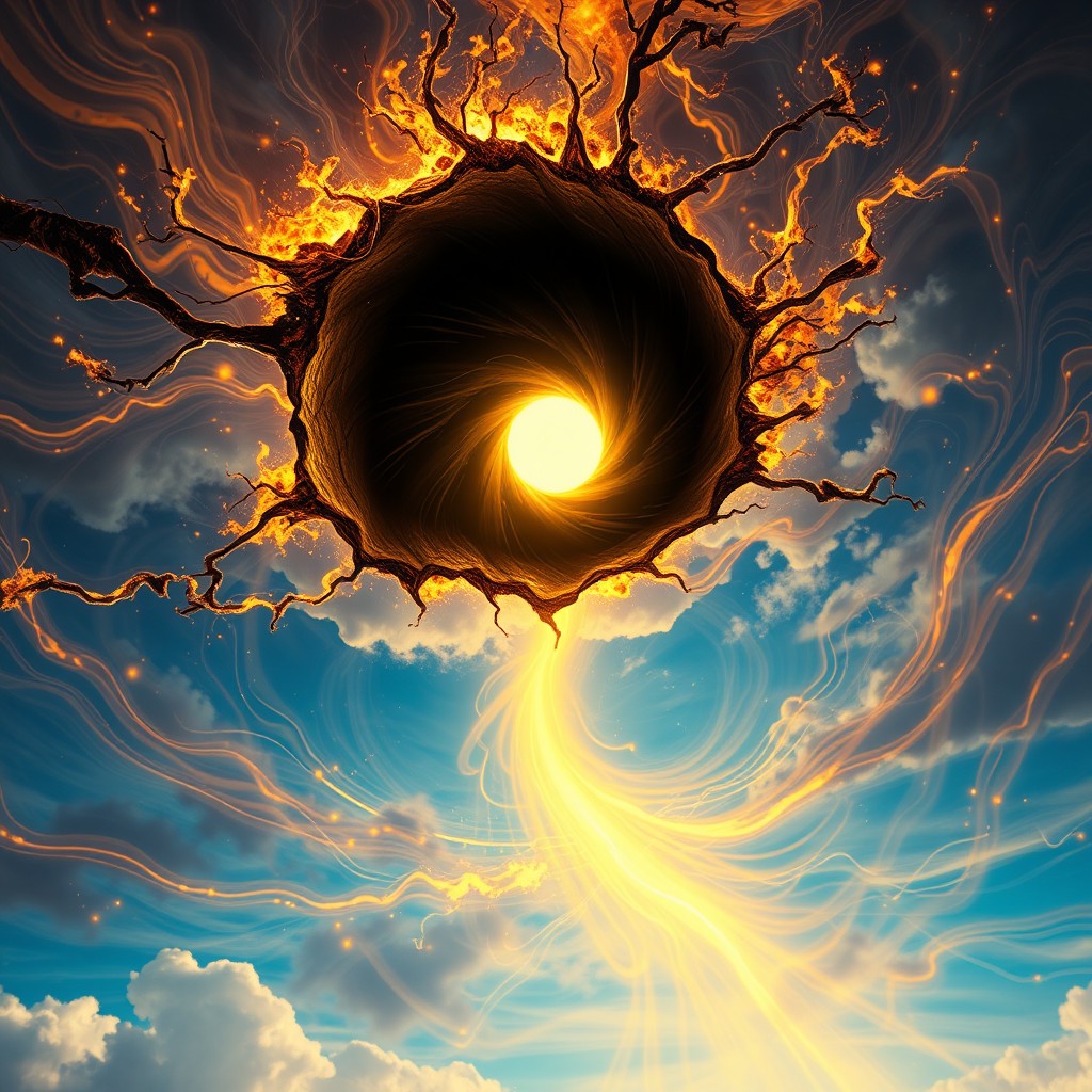 An abstract background depicting a surreal sky with a large crack shaped like a spiral, emitting bright black and golden light