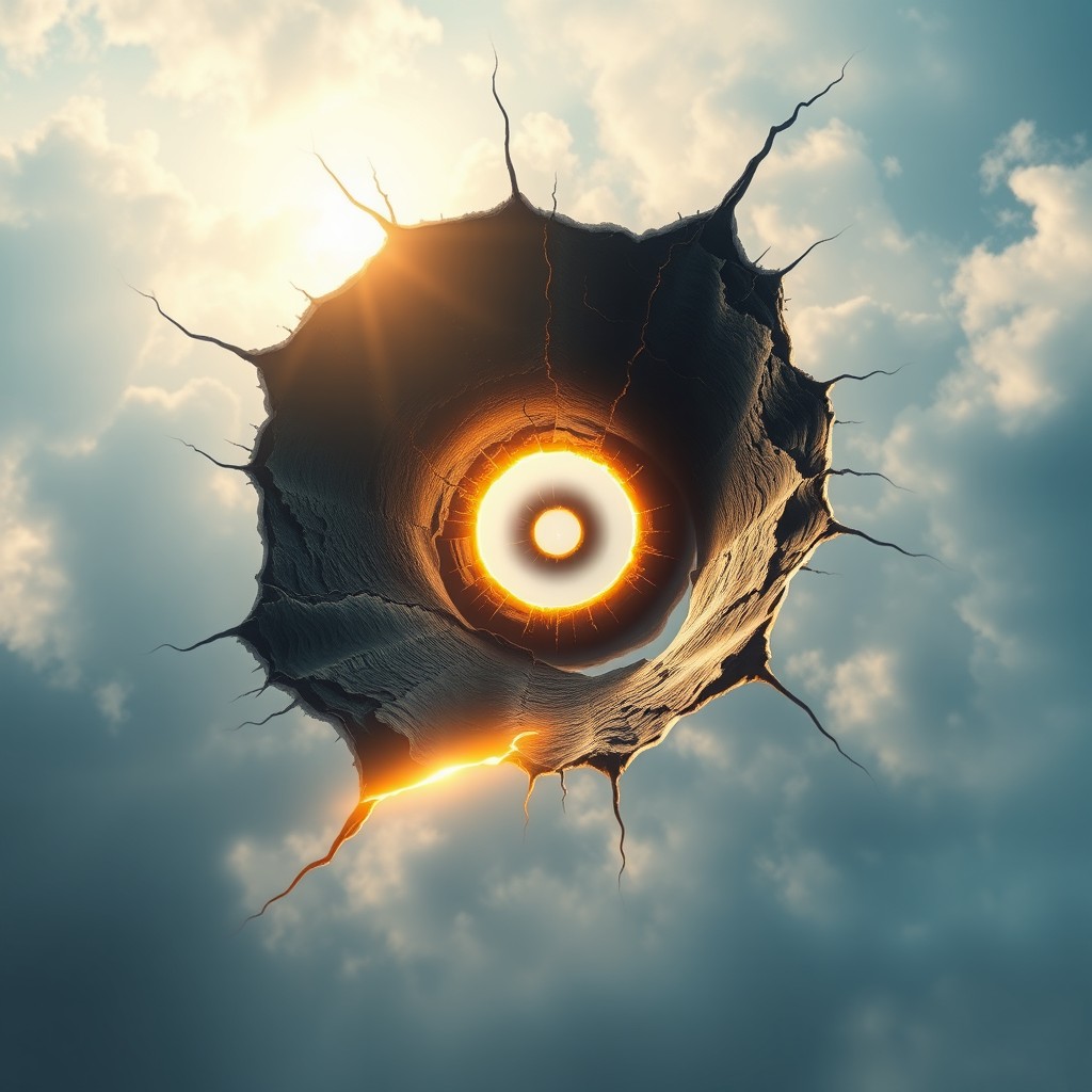 An abstract background featuring a sky that appears to have a prominent crack shaped like a spiral