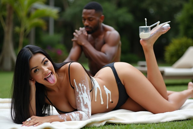 A light-skinned Mexican woman with long straight black hair, a robust medium build, featuring very thick toned legs, wide hips, and round prominent breasts