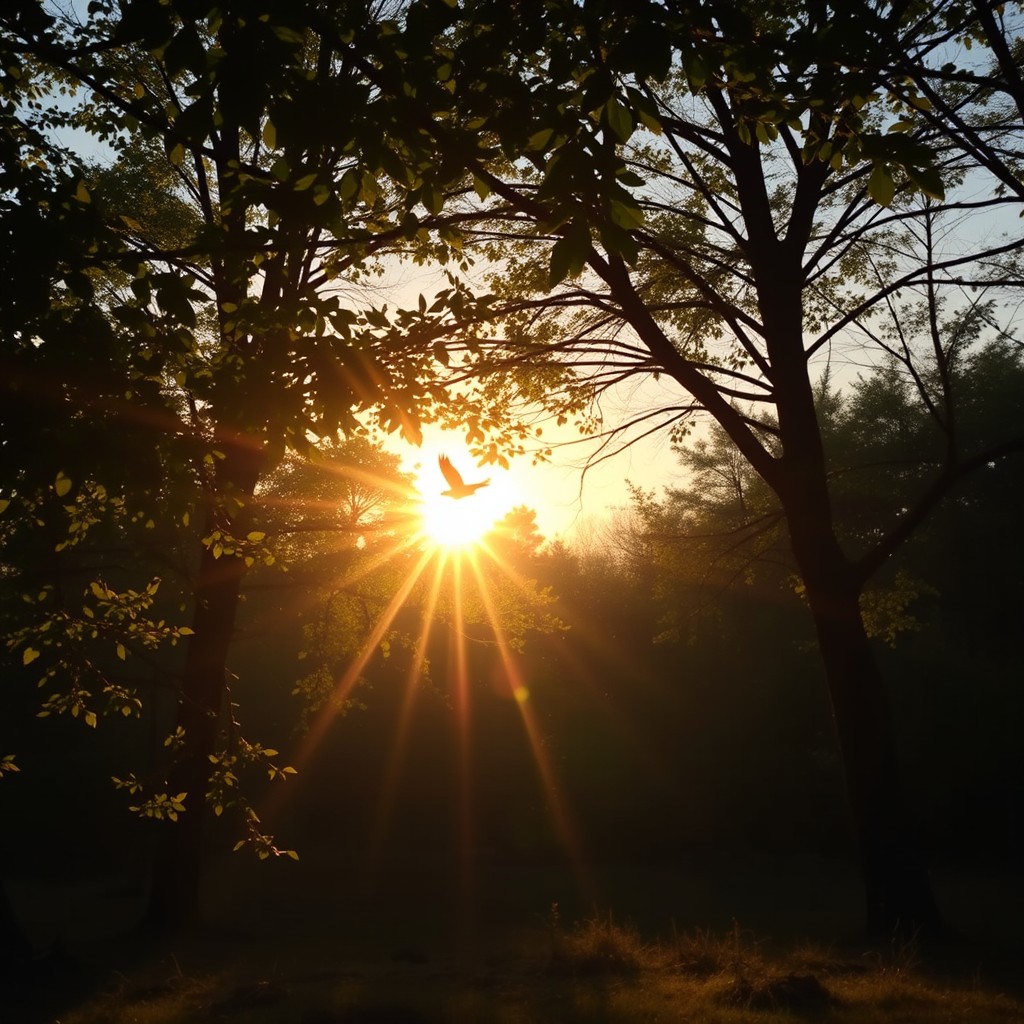 A visually captivating short video of a serene nature scene featuring a peaceful forest during the golden hour, sunlight filtering through the leaves, creating beautiful golden rays and soft shadows on the ground