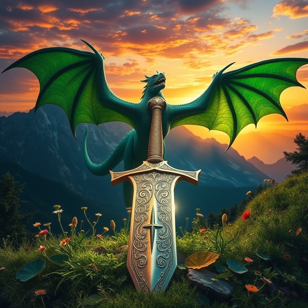 A magnificent scene featuring a detailed sword with intricate engravings and a majestic dragon soaring in the background