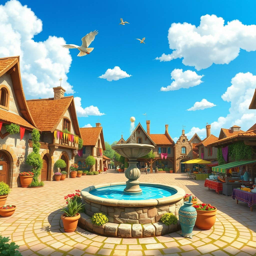 A lively animated 2D medieval square completely devoid of people