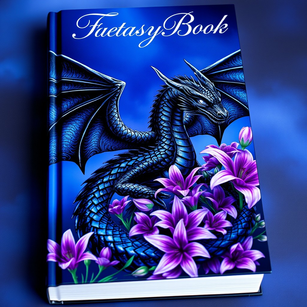 A captivating book cover featuring a fierce black dragon with glimmering scales, coiled majestically amidst a bouquet of vibrant purple lilies