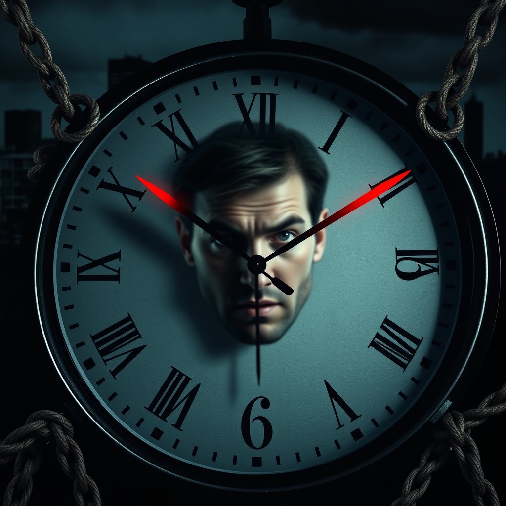 A clock face with hands inexorably approaching midnight, in the center a blurry face of a man named Max, looking desperately into the camera