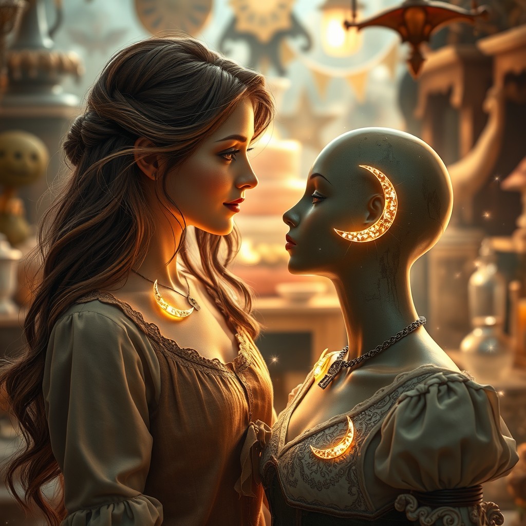 A fantasy scene that captures the enchanting romance between Lara and a mannequin from an antique shop